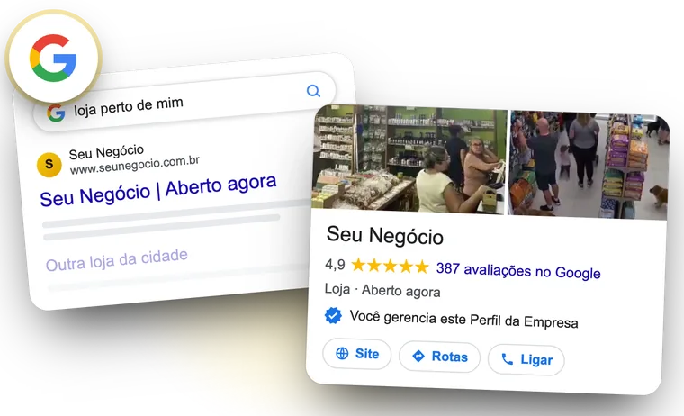 Busca no Google com o seu negócio em primeiro lugar e o Perfil da Empresa verificado