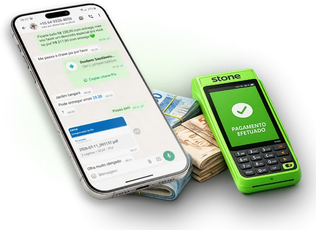 Celular com uma conversa de venda no WhatsApp, a maquininha com o pagamento aprovado e dinheiro