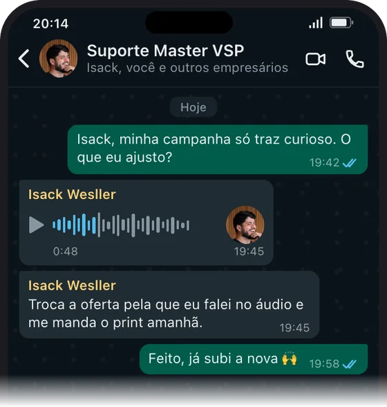 Grupo de suporte no WhatsApp com o Isack respondendo um aluno