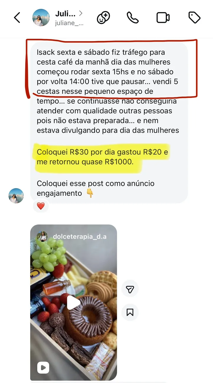 Print de direct: “Coloquei R$ 30 por dia, gastou R$ 20 e me retornou quase R$ 1.000”