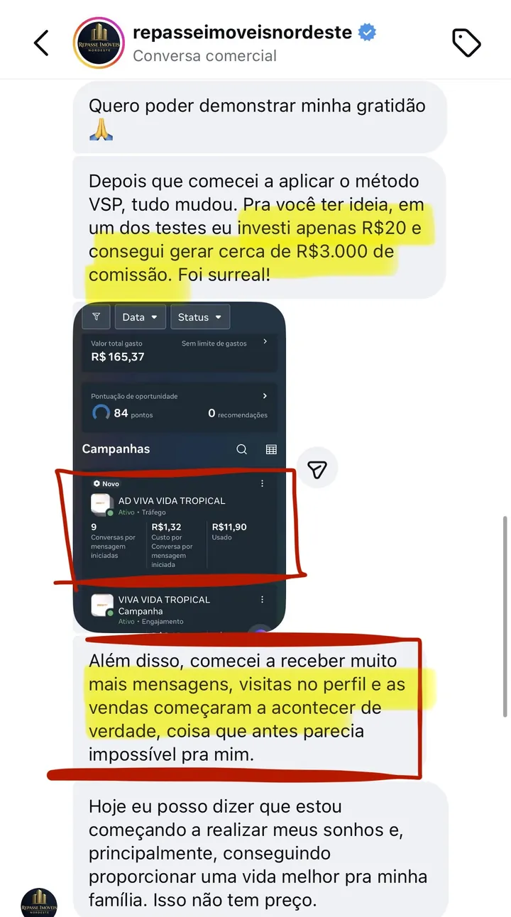 Print de direct: “Investi apenas R$ 20 e consegui gerar cerca de R$ 3.000 de comissão”