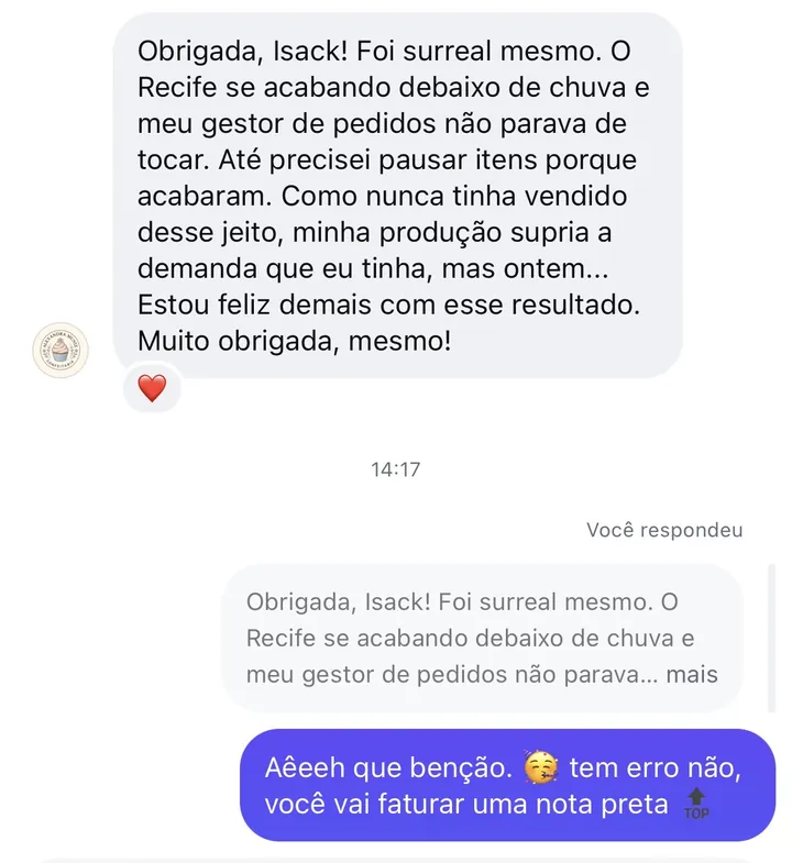 Print de direct: “Meu gestor de pedidos não parava de tocar. Até precisei pausar itens porque acabaram”