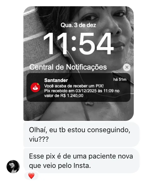 Notificação de Pix de R$ 1.240 e a mensagem “Esse pix é de uma paciente nova que veio pelo Insta”