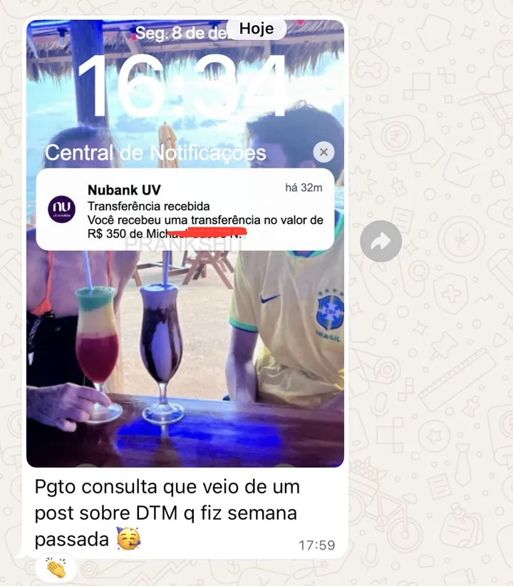 Notificação de transferência de R$ 350 e a mensagem “Pagamento de consulta que veio de um post que fiz semana passada”