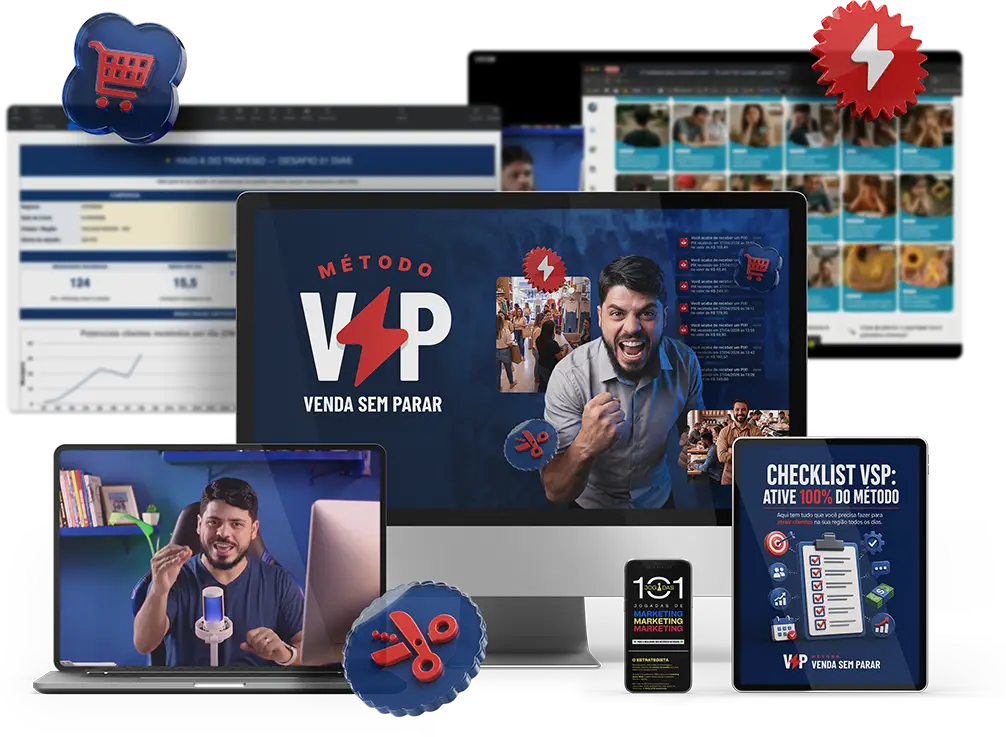 Mockup ilustrativo dos materiais da oferta Método VSP