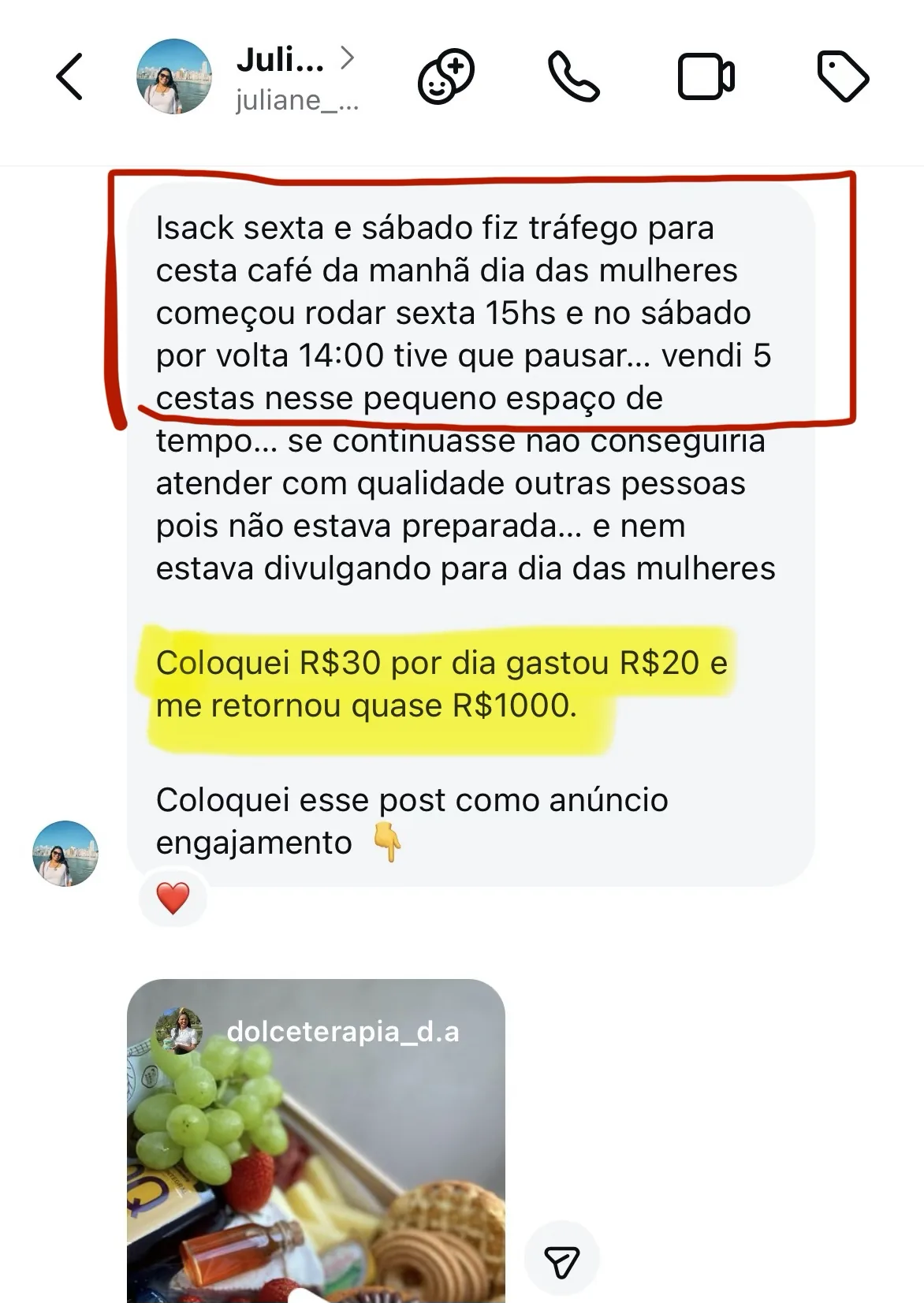Print de conversa. Cestas e presentes