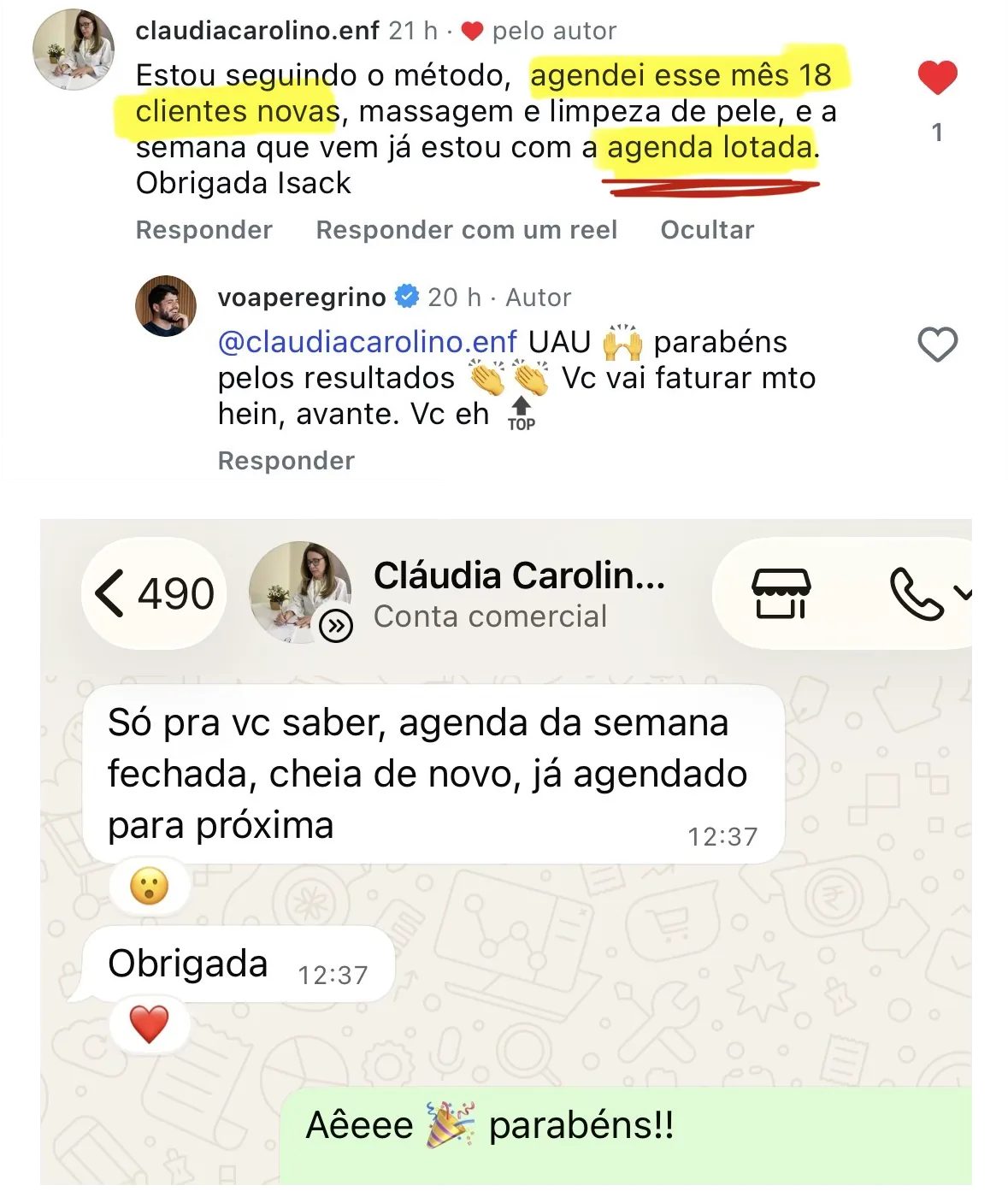 Comentário e conversa de uma profissional de estética facial com 18 clientes novas no mês e a agenda da semana seguinte lotada