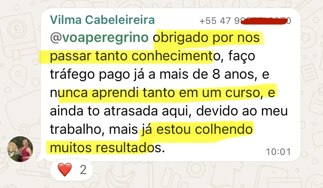 Mensagem de uma cabeleireira que faz tráfego pago há mais de 8 anos e diz que nunca aprendeu tanto em um curso