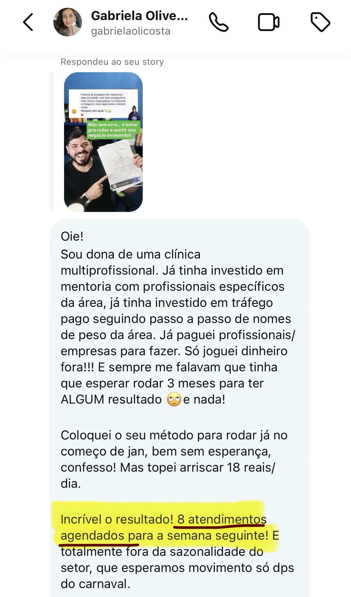 Mensagem de uma clínica multiprofissional com 8 atendimentos agendados para a semana seguinte, fora da época boa