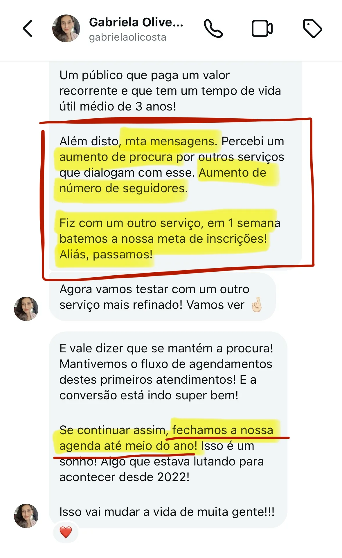 Mensagem de uma clínica com aumento de procura, meta de inscrições batida e agenda fechada até o meio do ano