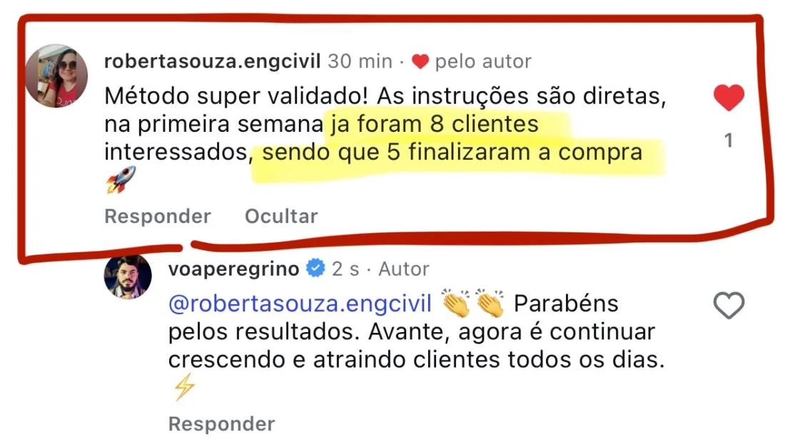 Comentário de um engenheiro civil com 8 clientes interessados e 5 contratos fechados na primeira semana